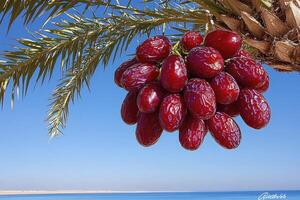 Ripe Red Dates Hanging from Palm Tree by Ocean photo