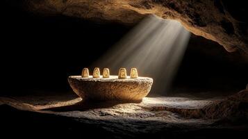 Golden Figurines on Stone Altar in Dark Cave Illuminated by Sunbeams photo