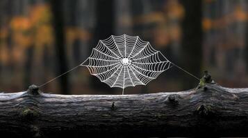 Delicate Dew Covered Spiderweb in Autumn Forest photo