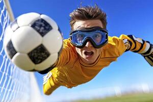 Focused Soccer Goalie Dives To Intercept The Ball Wearing Yellow Jersey And Protective Goggles In Outdoor Game photo