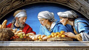 Detailed Mosaic Artwork Depicting Figures Examining Fruit and Bread photo
