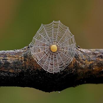 Dew Covered Spiderweb with Yellow Egg Sac on Dark Branch photo