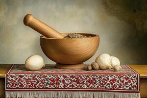 Rustic Still Life with Wooden Mortar Pestle Peppercorns and Mushrooms photo