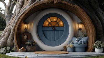 Enchanted Tree House Entrance with Round Blue Door and Cozy Seating Area photo