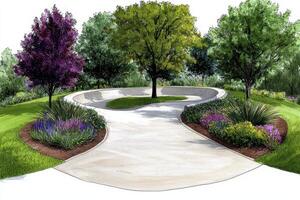 Curving Gravel Pathway Garden Design with Lush Greenery and Colorful Flowers photo