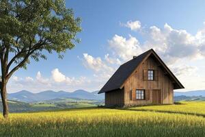 Rustic Wooden Cabin in Yellow Field and Rolling Hills photo