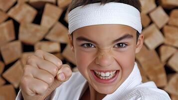 Freckled Boy in Karate Gi With Determined Expression photo