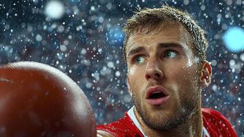 Focused Athlete in Snowy Stadium Close up of a Young Man Playing Football in Winter photo