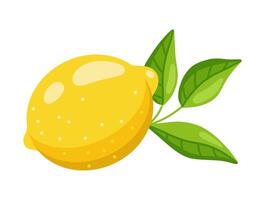 Flat style illustration of a fresh yellow lemon with a green leaf, isolated on white background, vibrant and minimalistic vector