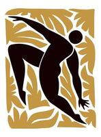 Illustration in the style of Henri Matisse, featuring a hand drawn abstract human silhouette surrounded by expressive leaf shapes in a bold cut out design. vector