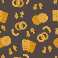 Seamless Pattern with Crackers and Bagels, Flat on Dark Background vector