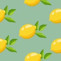 Simple seamless pattern featuring bright yellow lemons and green leaves arranged on a mint background in a flat style. vector