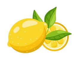 Flat illustration of a vibrant yellow lemon with a green leaf and a juicy sliced wedge, isolated on a white background. vector