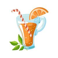 Flat summer illustration of a refreshing orange cocktail in a glass with a slice and straw, next to a green leaf. Bright and fruity design on white background. vector