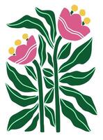 Flat illustration inspired by Henri Matisses cut out style, featuring bold abstract pink flowers and green leaves in vibrant colors, hand drawn and arranged on a clean white background. vector