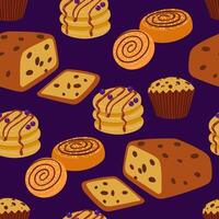 Seamless Pattern with Pastries and Cupcakes, Flat on Dark Background vector