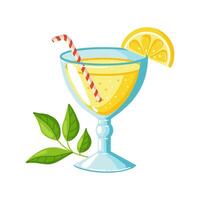 Flat summer illustration of a refreshing lemonade in a glass with a straw and lemon slice, placed next to a whole lemon with a green leaf. Bright and cheerful design on white background. vector