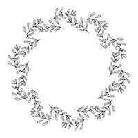 illustration of isolated circular wreath in doodle style branches in a loose hand drawn design, isolated on white background. vector