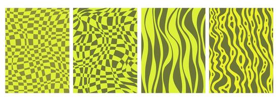 Set of abstract backgrounds, psychedelic checkerboard and wavy neon pattern vector