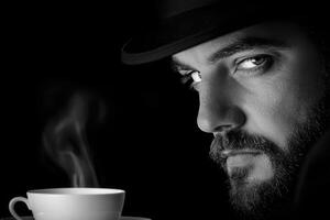 Intense Gaze Black And White Portrait Of Bearded Man In Hat With Steaming Teacup photo