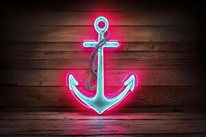 Glowing Neon Anchor Sign on Rustic Wood Background photo