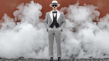 Monochromatic Fashion Man in Checkered Suit Amidst Smoke Against Red Brick Wall photo