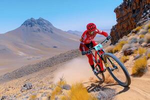 Red Mountain Biker Descending Dusty Desert Trail Under Bright Sun photo