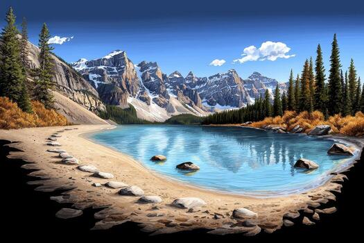 Serene Mountain Lake with Autumn Trees and Snow Capped Peaks photo