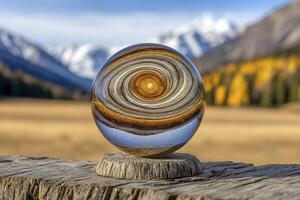 Glass Sphere with Galaxy Pattern on Weathered Wood Against Mountain Range photo