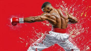 Powerful Boxer Throwing Punch Red Background Paint Splatter photo
