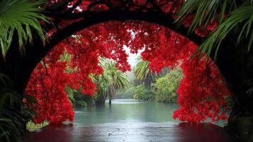 Red Foliage Archway Over Tranquil Waterway photo