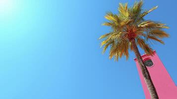 Palm Tree and Pink Tower Under Sunny Sky photo