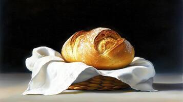 Golden Crusty Bread Loaf on White Linen, Dark Background photo