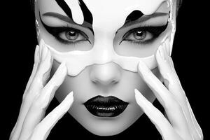 Monochrome Portrait of Woman with Textured White Mask photo