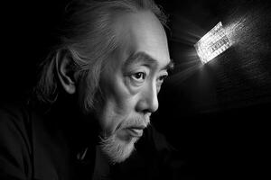 Pensive Elderly Man in Black and White Portrait with Glowing Element photo