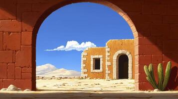 Pixel Art Desert Landscape Tan Adobe Building Viewed Through Red Brick Archway photo