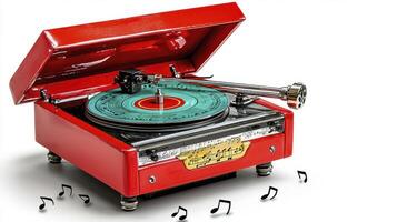 Red Vintage Record Player with Teal Vinyl on White Background photo