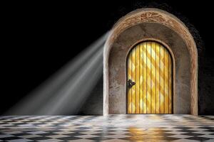 Golden Arched Doorway in Dark Alcove with Dramatic Lighting photo