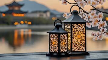 Illuminated Black Lanterns and Cherry Blossoms at Sunset photo