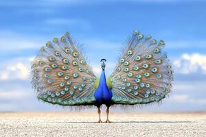 Majestic Peacock Displaying Iridescent Plumage Under a Clear Blue Sky photo
