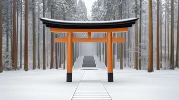 Orange Torii Gate in Snowy Pine Forest Winter Landscape photo