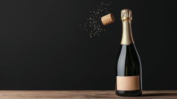 Popping Champagne Bottle on Dark Background photo