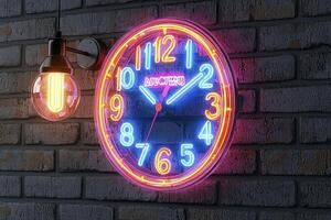 Neon Pink and Blue Clock on Brick Wall with Glowing Light Bulb photo
