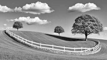 Serene Monochrome Landscape Rolling Hill with White Fence and Trees photo