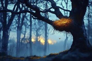 Glowing Embers in a Misty Forest at Dusk photo