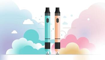 Two vape pens are shown against a background of colorful clouds of vapor. vector