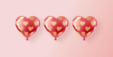 Three red and pink helium balloons in a pattern of golden hearts. vector