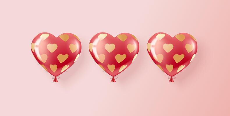 Three red and pink helium balloons in a pattern of golden hearts.