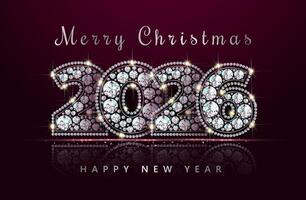 Numbers 2026 New Year and Christmas. Of sparkling, luxurious, precious stones - diamonds. Festive banner with glitter. Realistic style. Red background. Illustration. vector