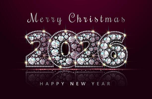 Numbers 2026 New Year and Christmas. Of sparkling, luxurious, precious stones - diamonds. Festive banner with glitter. Realistic style. Red background. Illustration.